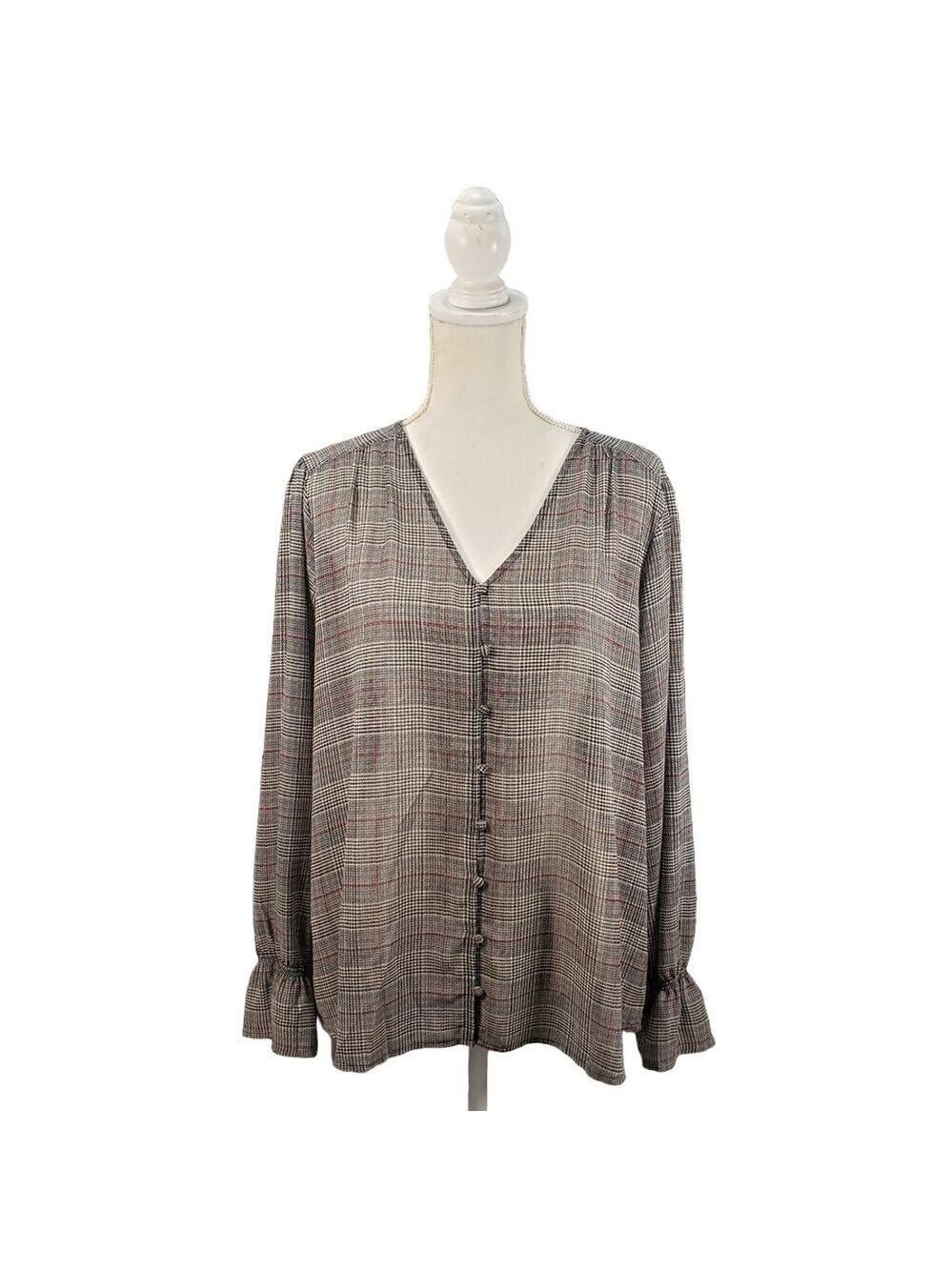 Maurices Women’s Large Plaid V-Neck Button Front Blouse Long Sleeve - Picture 3 of 11